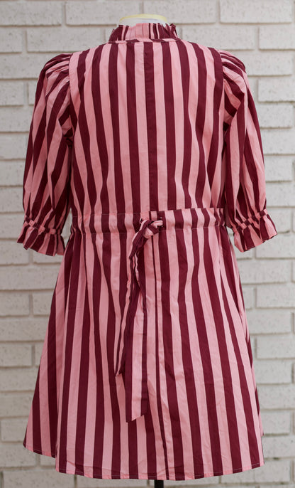 PINK WINE STRIPE 3/4 PUFF SLEEVE MINI DRESS