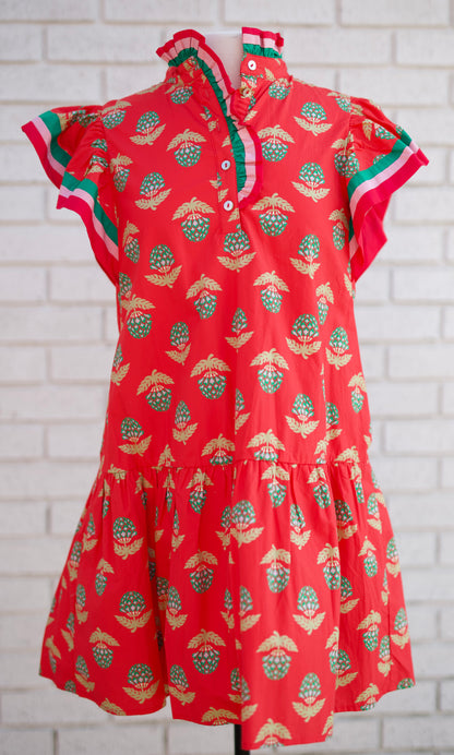 RED FLORAL MEDALLION PRINT RUFFLE SLEEVE MINI DRESS