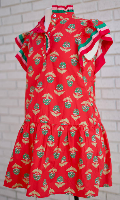 RED FLORAL MEDALLION PRINT RUFFLE SLEEVE MINI DRESS