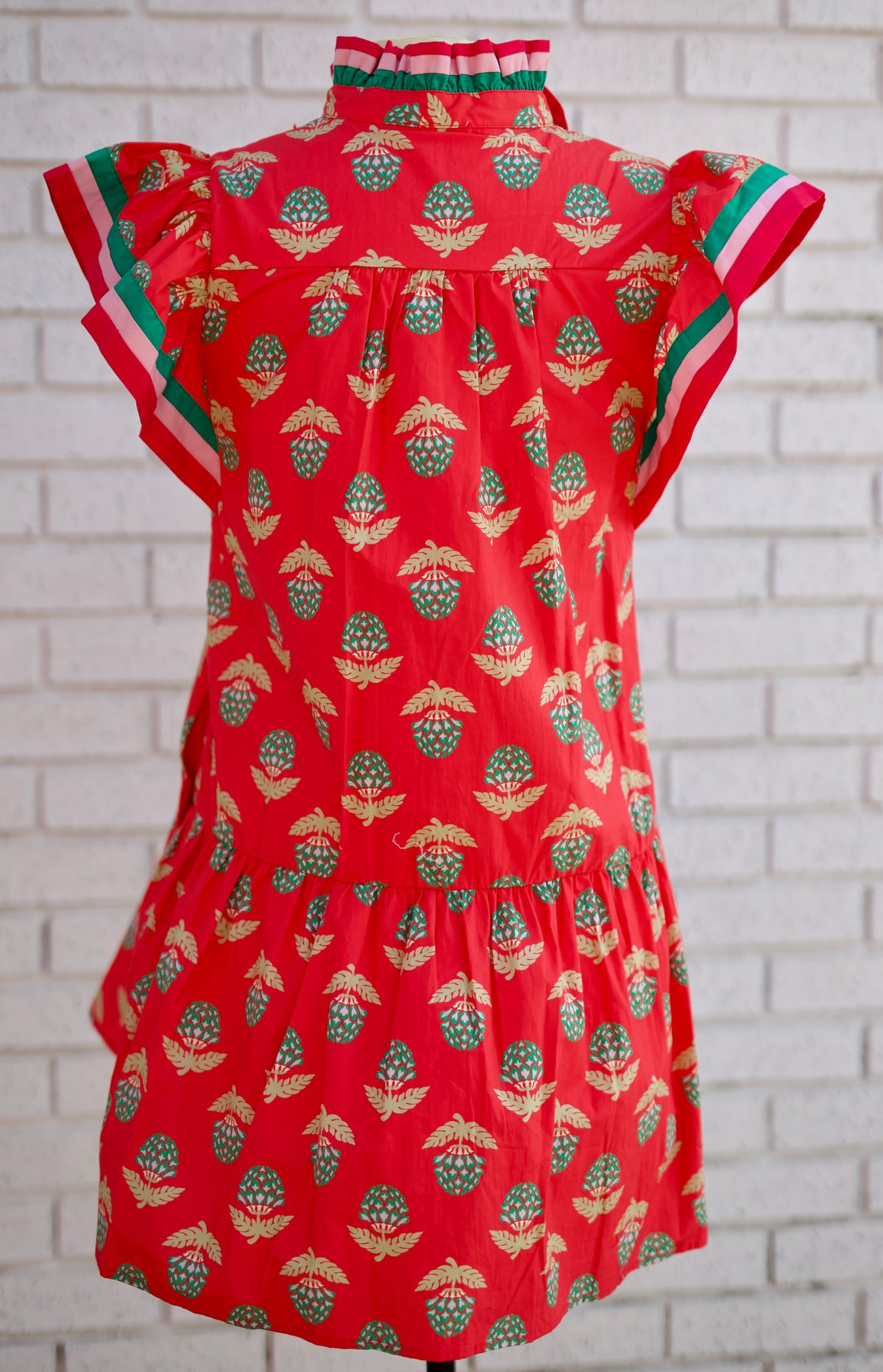 RED FLORAL MEDALLION PRINT RUFFLE SLEEVE MINI DRESS