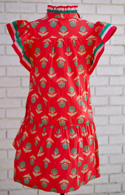 RED FLORAL MEDALLION PRINT RUFFLE SLEEVE MINI DRESS