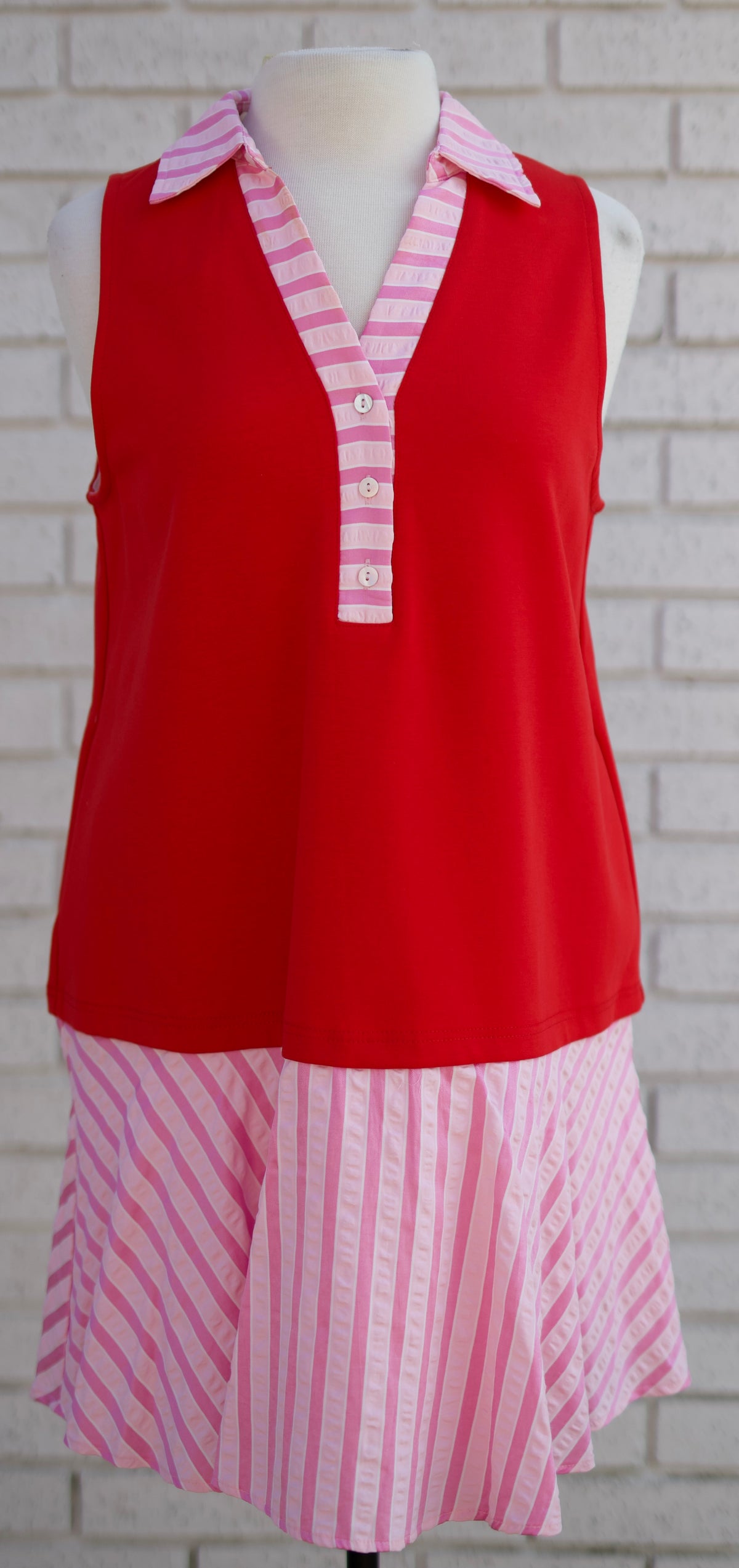 RED SLEEVELESS MINI DRESS WITH STRIPE CONTRAST COLLAR AND SKIRT - Pharm Favorites by Economy Pharmacy