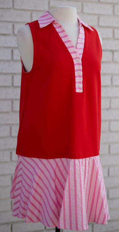 RED SLEEVELESS MINI DRESS WITH STRIPE CONTRAST COLLAR AND SKIRT - Pharm Favorites by Economy Pharmacy