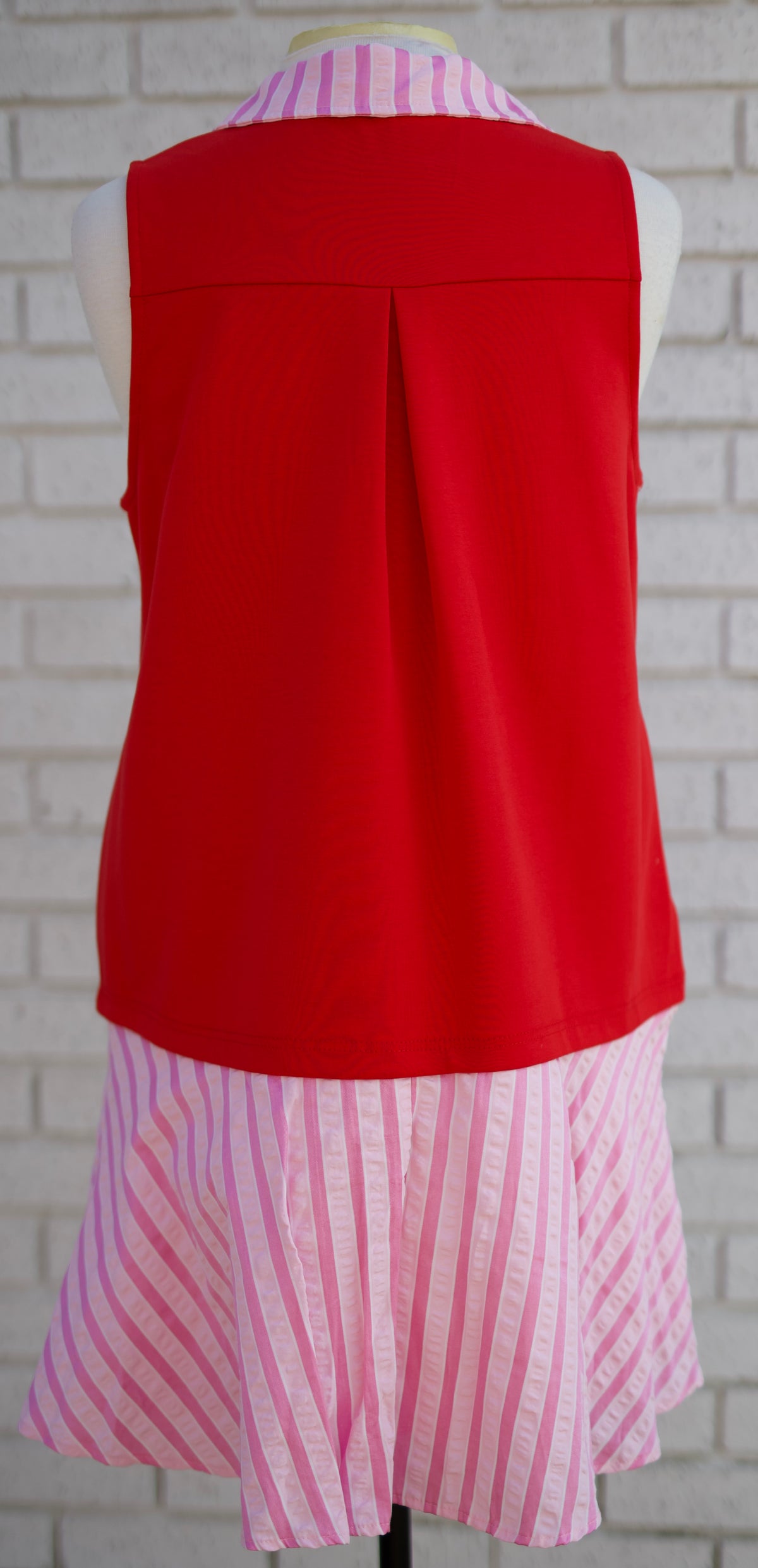 RED SLEEVELESS MINI DRESS WITH STRIPE CONTRAST COLLAR AND SKIRT - Pharm Favorites by Economy Pharmacy