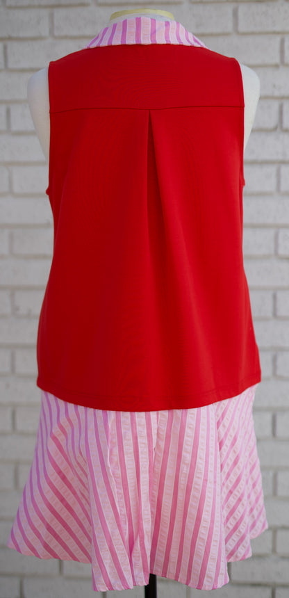 RED SLEEVELESS MINI DRESS WITH STRIPE CONTRAST COLLAR AND SKIRT - Pharm Favorites by Economy Pharmacy