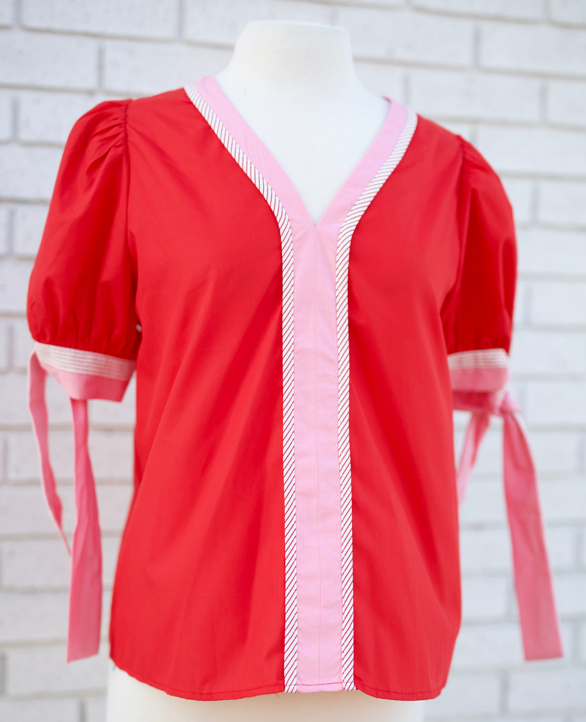 RED PUFF SLEEVE BLOUSE W/STRIPED & PINK TRIM - Pharm Favorites by Economy Pharmacy