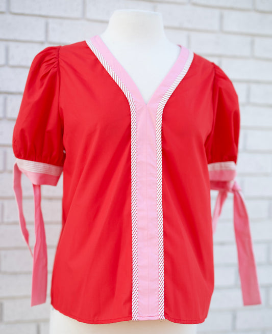RED PUFF SLEEVE BLOUSE W/STRIPED & PINK TRIM - Pharm Favorites by Economy Pharmacy