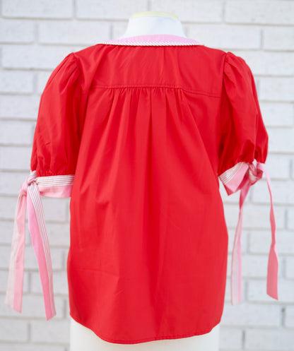 RED PUFF SLEEVE BLOUSE W/STRIPED & PINK TRIM - Pharm Favorites by Economy Pharmacy