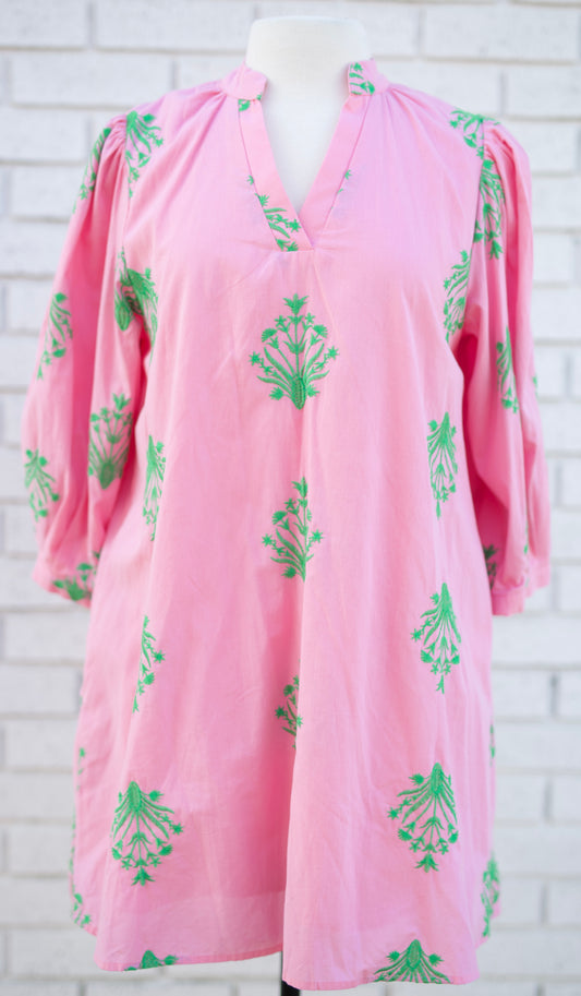 EMBROIDERED 3/4 PUFF SLEEVE MINI DRESS - PINK/GREEN