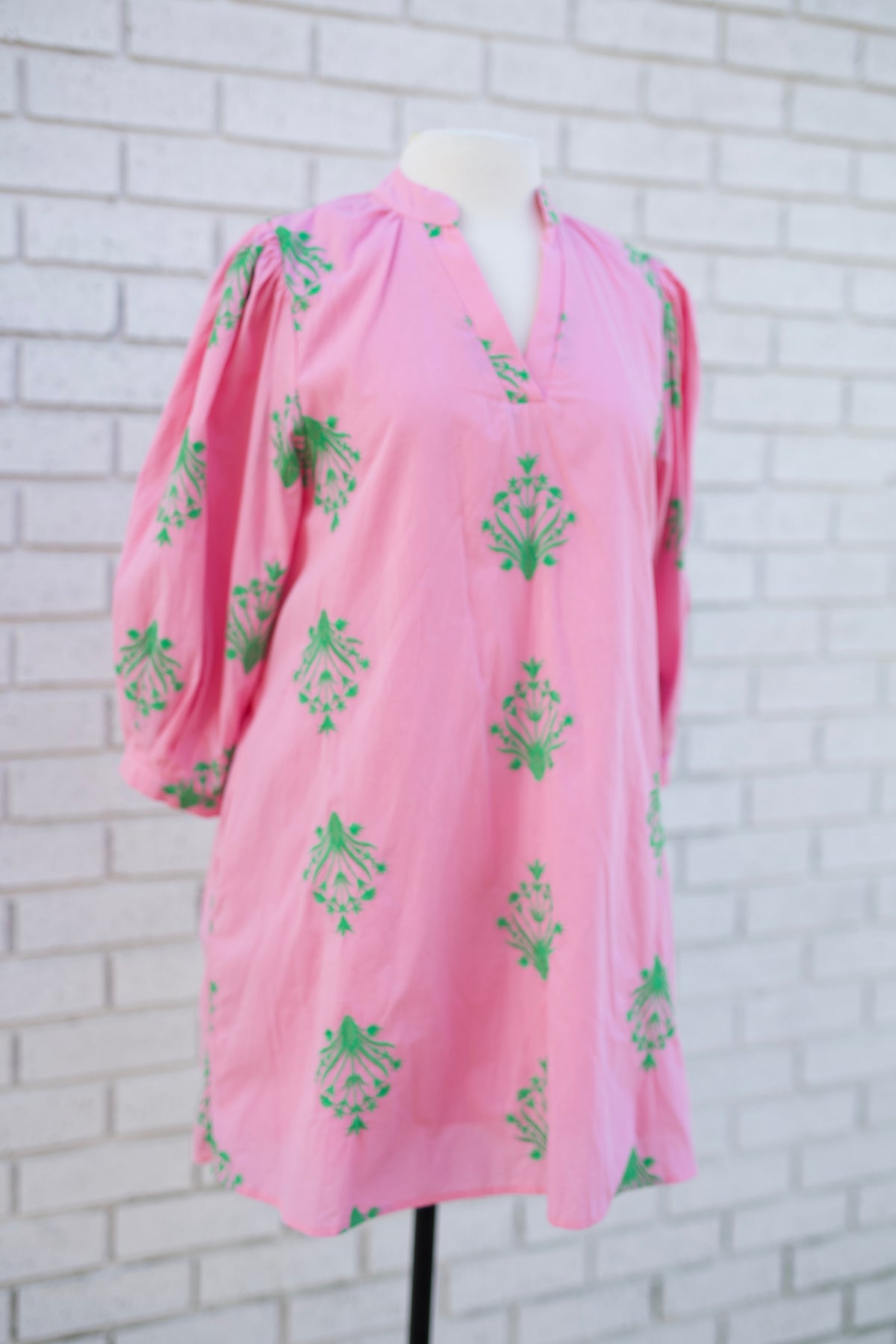 EMBROIDERED 3/4 PUFF SLEEVE MINI DRESS - PINK/GREEN