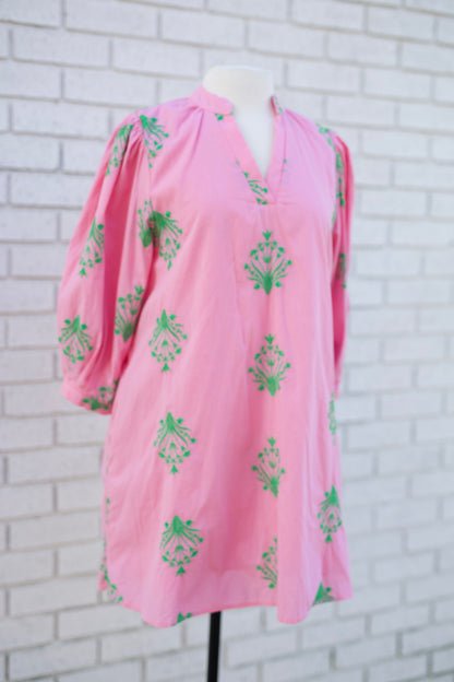EMBROIDERED 3/4 PUFF SLEEVE MINI DRESS - PINK/GREEN