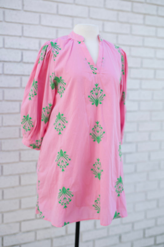 EMBROIDERED 3/4 PUFF SLEEVE MINI DRESS - PINK/GREEN