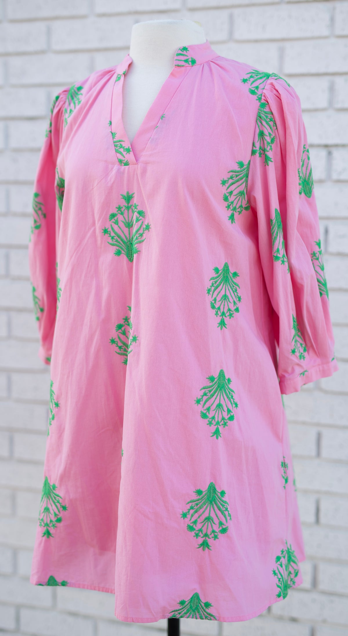 EMBROIDERED 3/4 PUFF SLEEVE MINI DRESS - PINK/GREEN