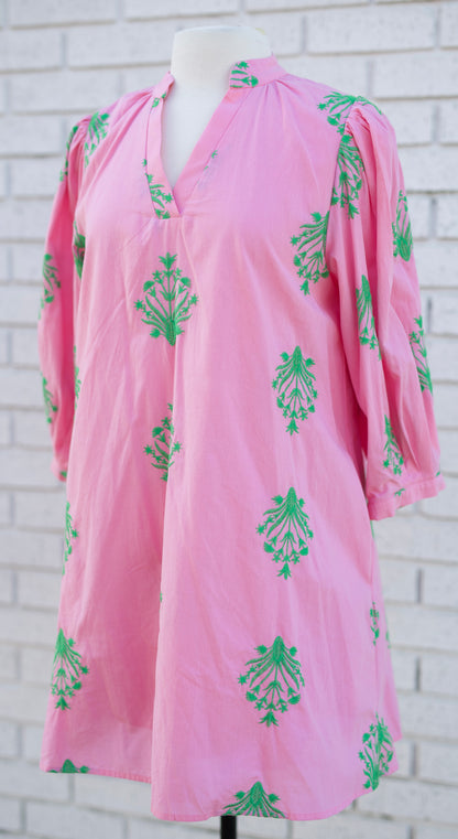 EMBROIDERED 3/4 PUFF SLEEVE MINI DRESS - PINK/GREEN