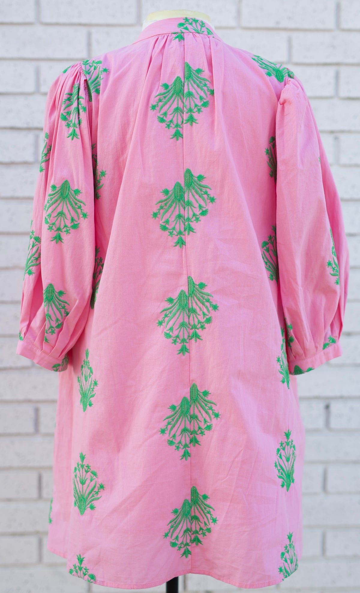 EMBROIDERED 3/4 PUFF SLEEVE MINI DRESS - PINK/GREEN