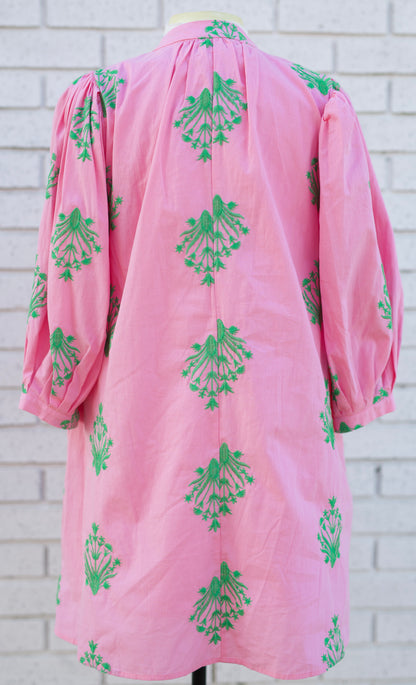 EMBROIDERED 3/4 PUFF SLEEVE MINI DRESS - PINK/GREEN