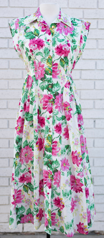 FLORAL CAP SLEEVE MIDI DRESS WITH PLEATED WAIST - CREAM