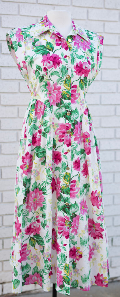 FLORAL CAP SLEEVE MIDI DRESS WITH PLEATED WAIST - CREAM