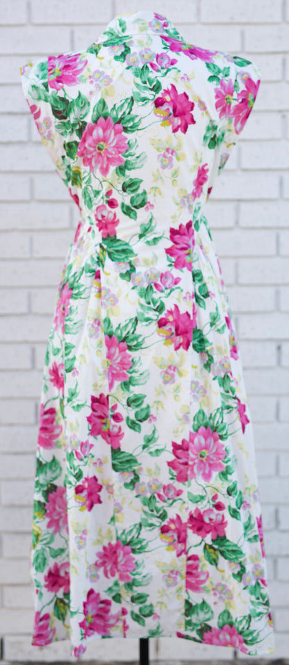 FLORAL CAP SLEEVE MIDI DRESS WITH PLEATED WAIST - CREAM