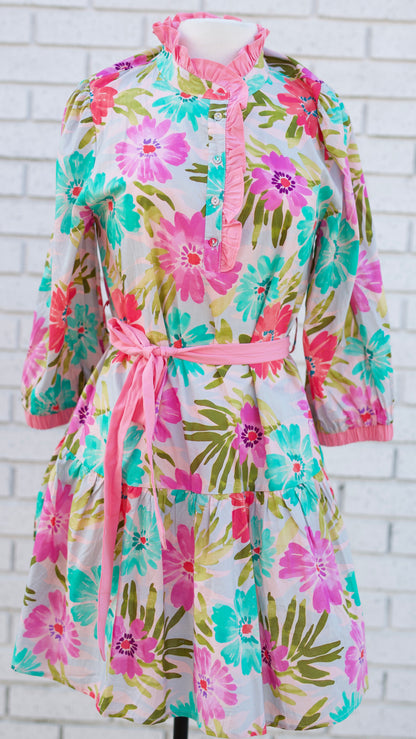 3/4 SLEEVE TIERED FLORAL WITH WAIST TIE - PINK MIX
