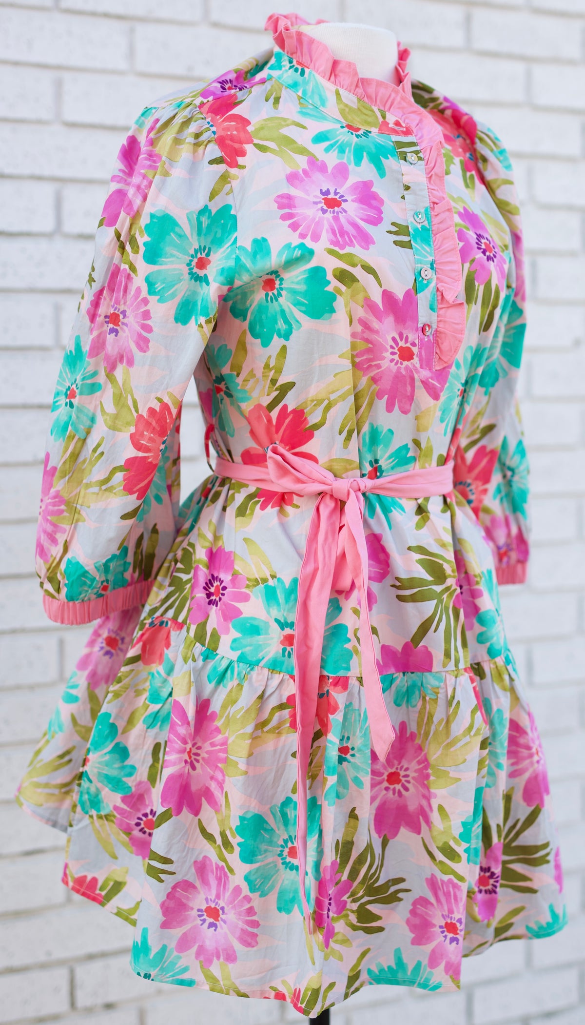 3/4 SLEEVE TIERED FLORAL WITH WAIST TIE - PINK MIX