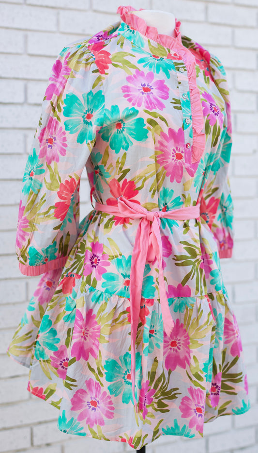 3/4 SLEEVE TIERED FLORAL WITH WAIST TIE - PINK MIX
