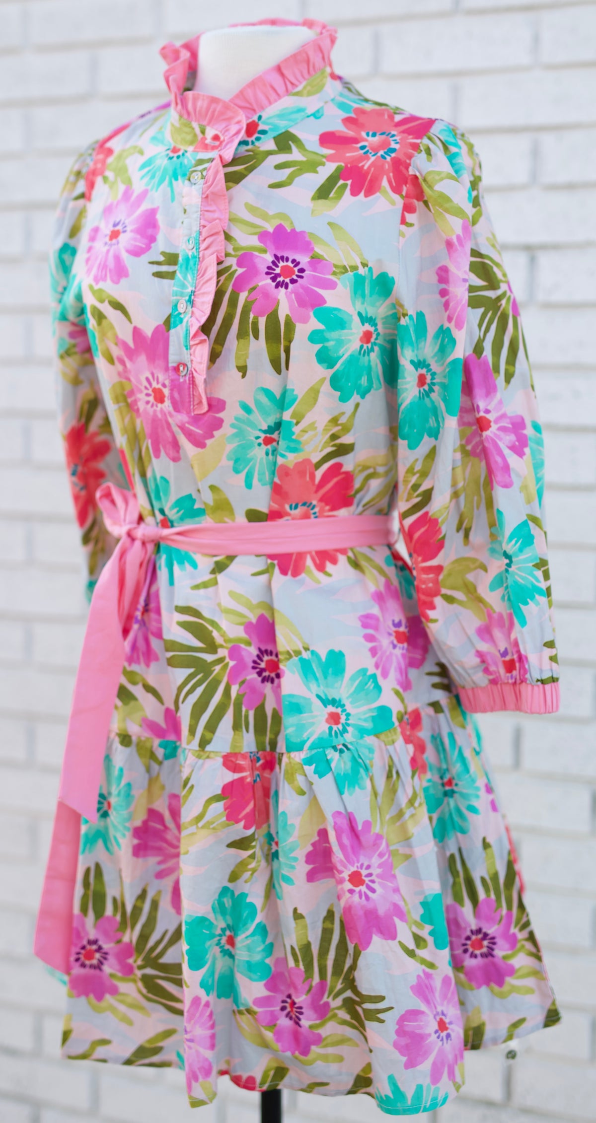 3/4 SLEEVE TIERED FLORAL WITH WAIST TIE - PINK MIX