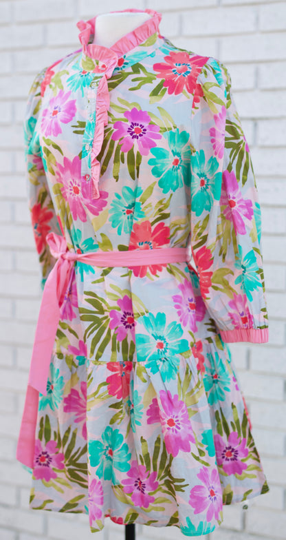 3/4 SLEEVE TIERED FLORAL WITH WAIST TIE - PINK MIX