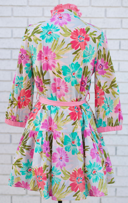 3/4 SLEEVE TIERED FLORAL WITH WAIST TIE - PINK MIX