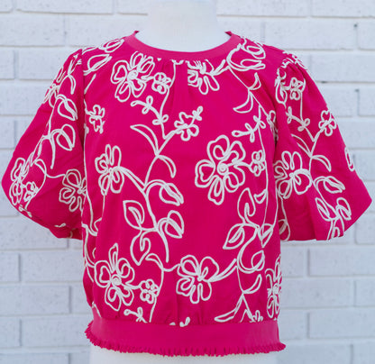 PINK FLORAL EMBROIDERED BUBBLE SLEEVE TOP