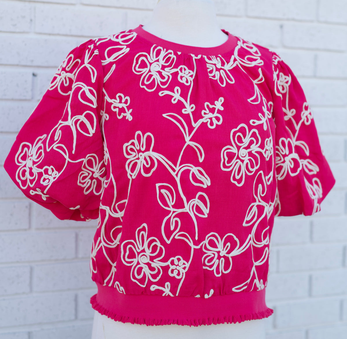 PINK FLORAL EMBROIDERED BUBBLE SLEEVE TOP