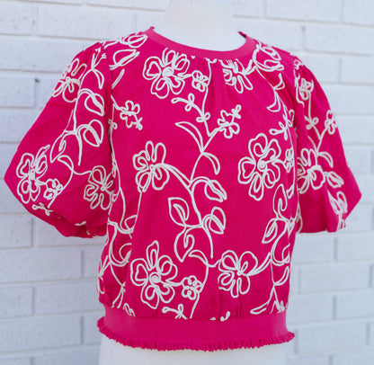 PINK FLORAL EMBROIDERED BUBBLE SLEEVE TOP