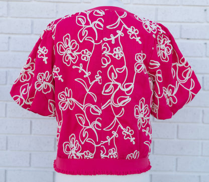 PINK FLORAL EMBROIDERED BUBBLE SLEEVE TOP