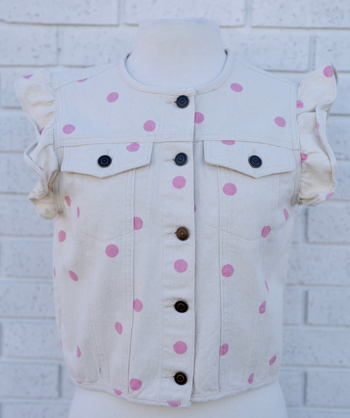 POLKA DOT WASHED TWILL DENIM CROPPED VEST - CREAM/LT. PINK