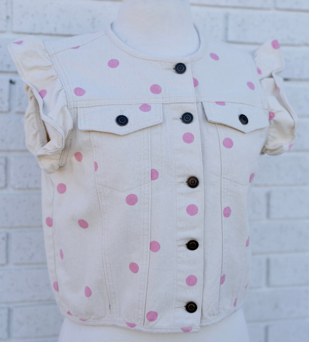 POLKA DOT WASHED TWILL DENIM CROPPED VEST - CREAM/LT. PINK
