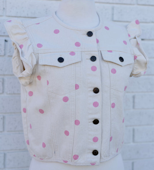 POLKA DOT WASHED TWILL DENIM CROPPED VEST - CREAM/LT. PINK