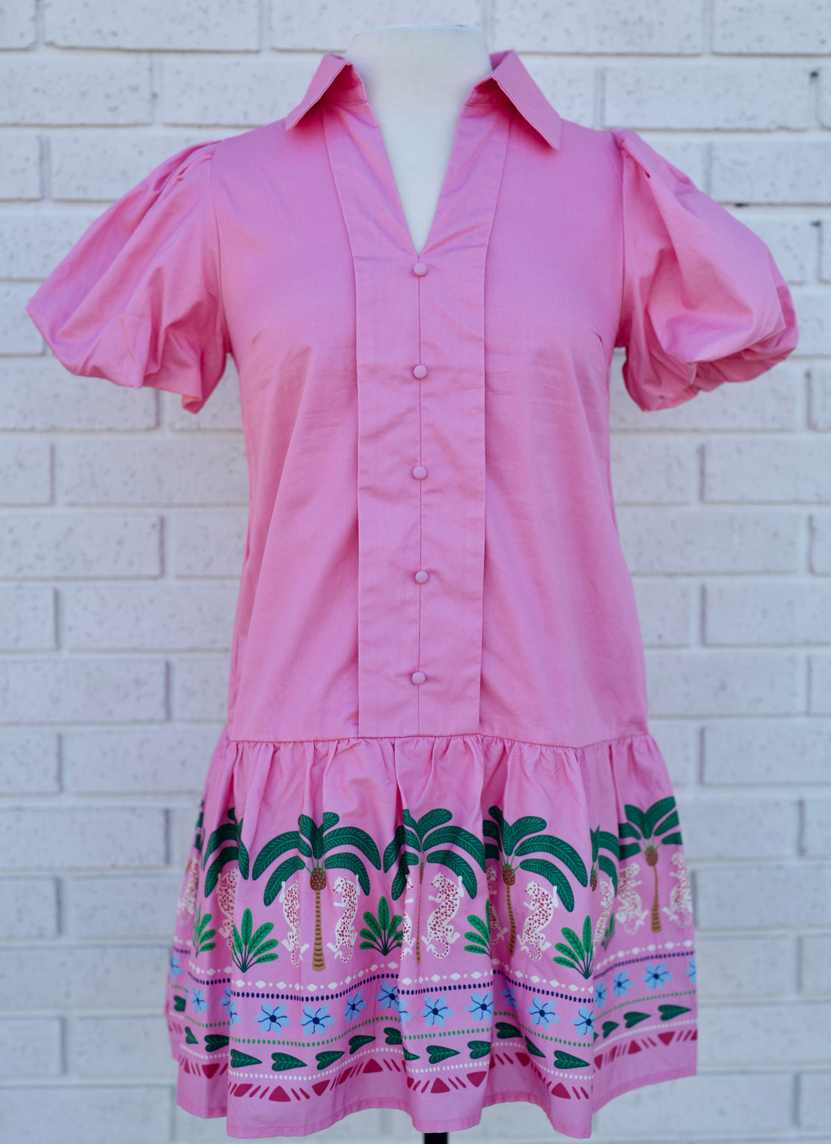 PINK TROPICAL BORDER PUFF SLEEVE MINI DRESS