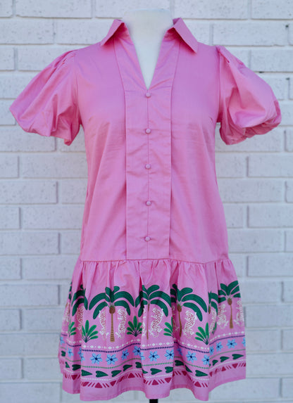 PINK TROPICAL BORDER PUFF SLEEVE MINI DRESS