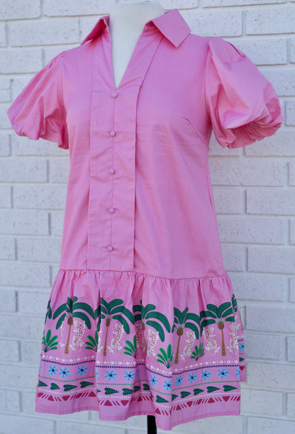 PINK TROPICAL BORDER PUFF SLEEVE MINI DRESS