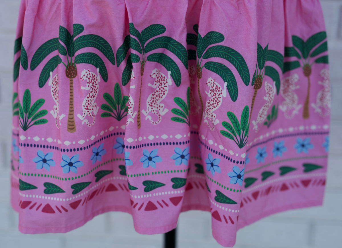 PINK TROPICAL BORDER PUFF SLEEVE MINI DRESS