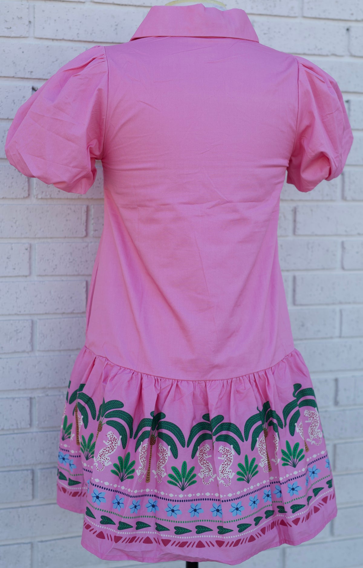 PINK TROPICAL BORDER PUFF SLEEVE MINI DRESS