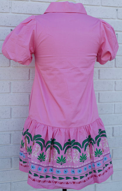 PINK TROPICAL BORDER PUFF SLEEVE MINI DRESS