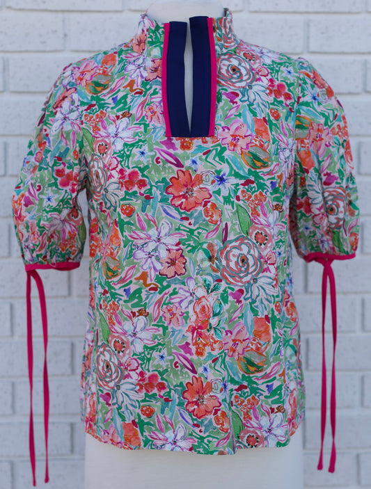 PINK CONTRAST QUARTER PLACKET SELF TIE FLORAL TOP - Pharm Favorites by Economy Pharmacy