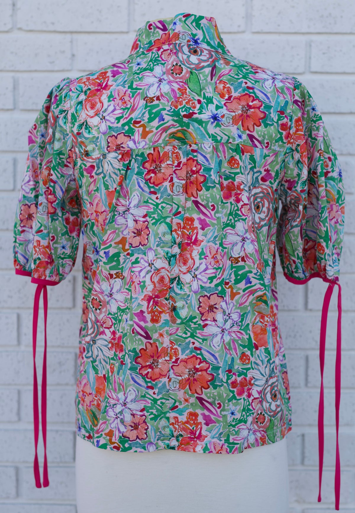 PINK CONTRAST QUARTER PLACKET SELF TIE FLORAL TOP - Pharm Favorites by Economy Pharmacy