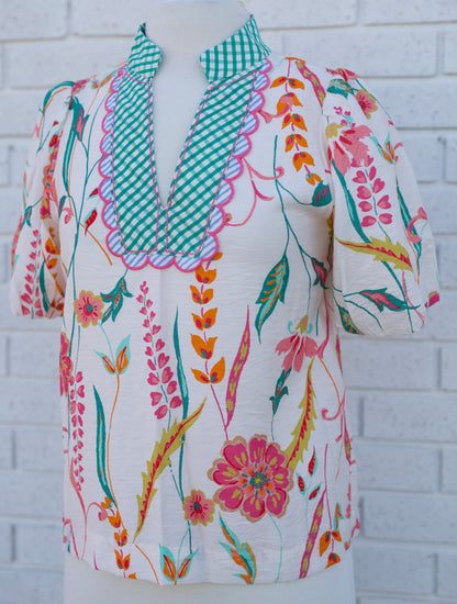 CREAM PUFF SLEEVE FLORAL V-NECK TOP