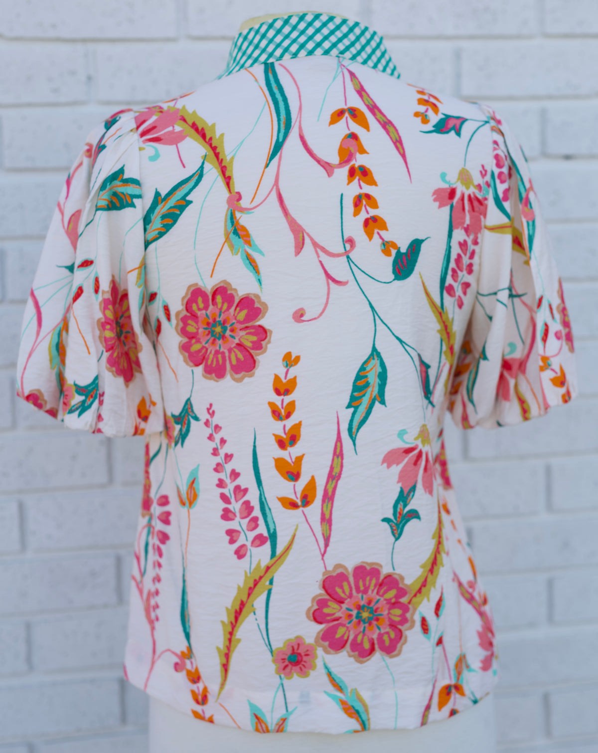 CREAM PUFF SLEEVE FLORAL V-NECK TOP