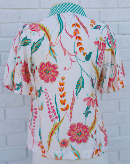 CREAM PUFF SLEEVE FLORAL V-NECK TOP