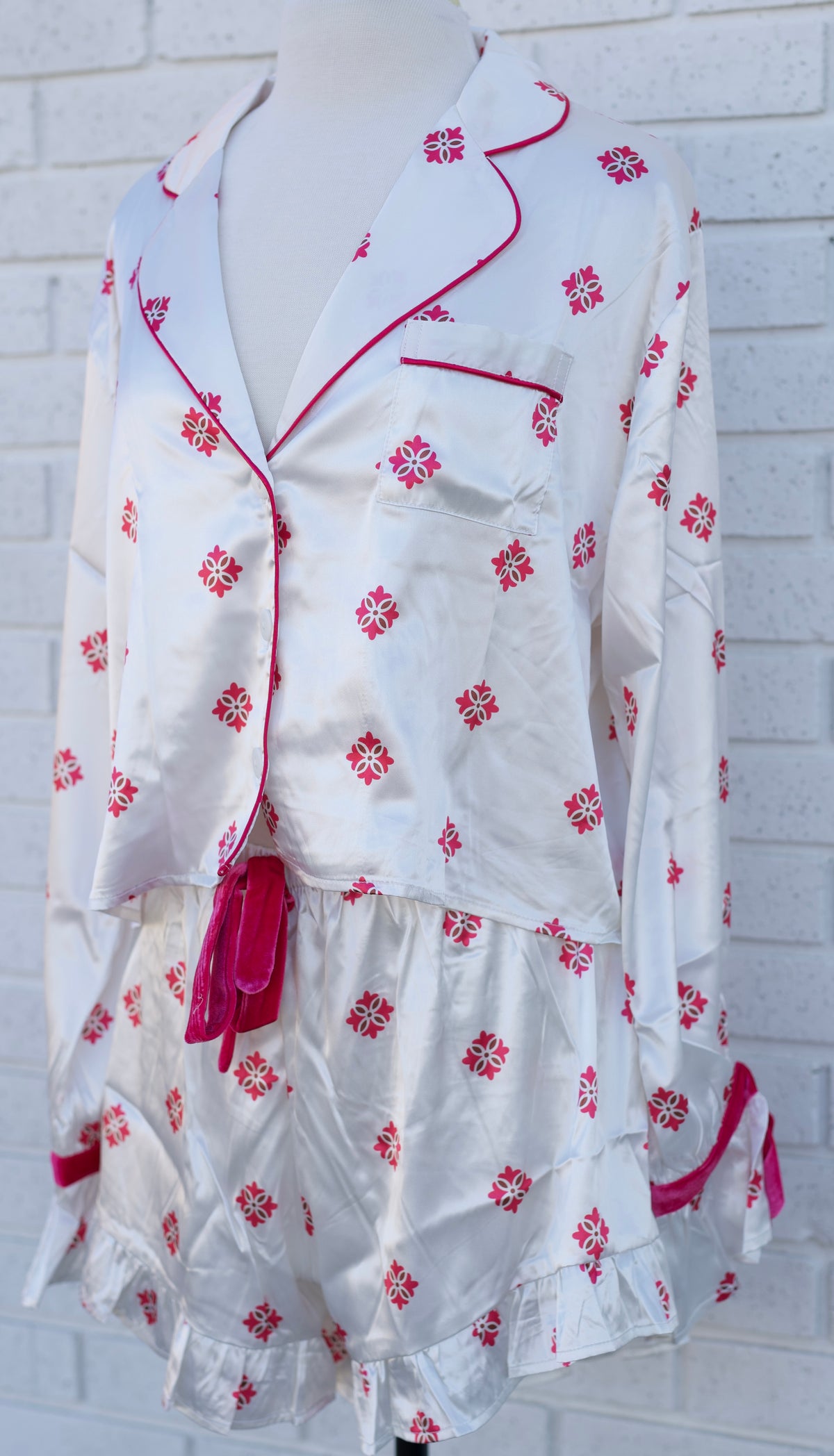 MOROCCAN 2PC CROPPED & RUFFLED SHORT PJS WITH VELVET TIES