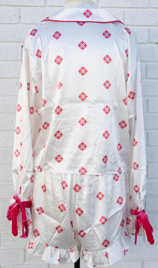 MOROCCAN 2PC CROPPED & RUFFLED SHORT PJS WITH VELVET TIES