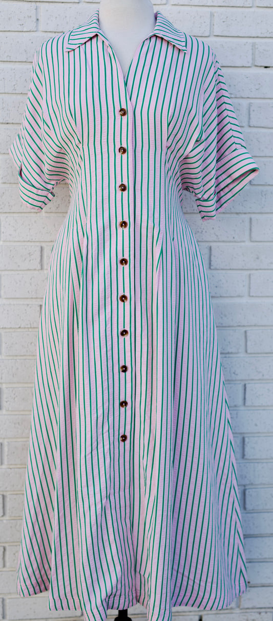 SHORT SLEEVE STRIPED BUTTON DOWN DRESS - PINK/GREEN STRIPED